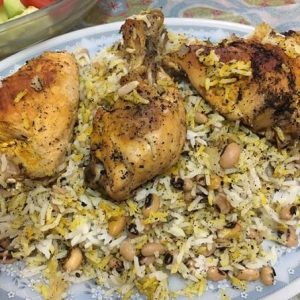 لوبیا پلو با ران مرغ