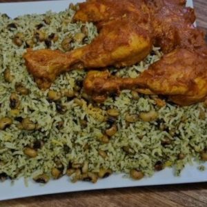 لوبیا پلو با ران مرغ